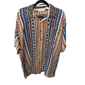 Vintage Expressions Worldwide Silk Shirt 1X  Short‎ Sleeve Artsy Retro Button Up